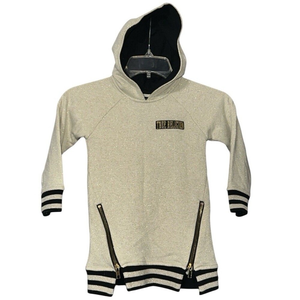 True Religion Girls Hoodie Tunic Sweater Dress Toddler 3T Beige Metallic Zip